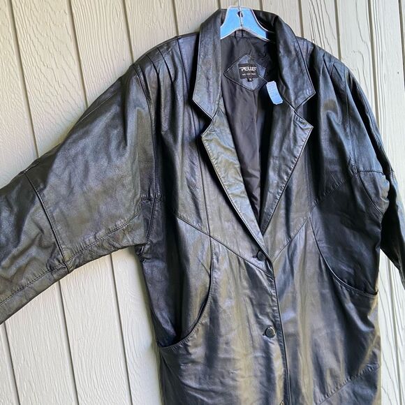 VTG 80s Pelle Black Leather Trench Coat Oversized Boxy Blazer Jacket M - Picture 2 of 9